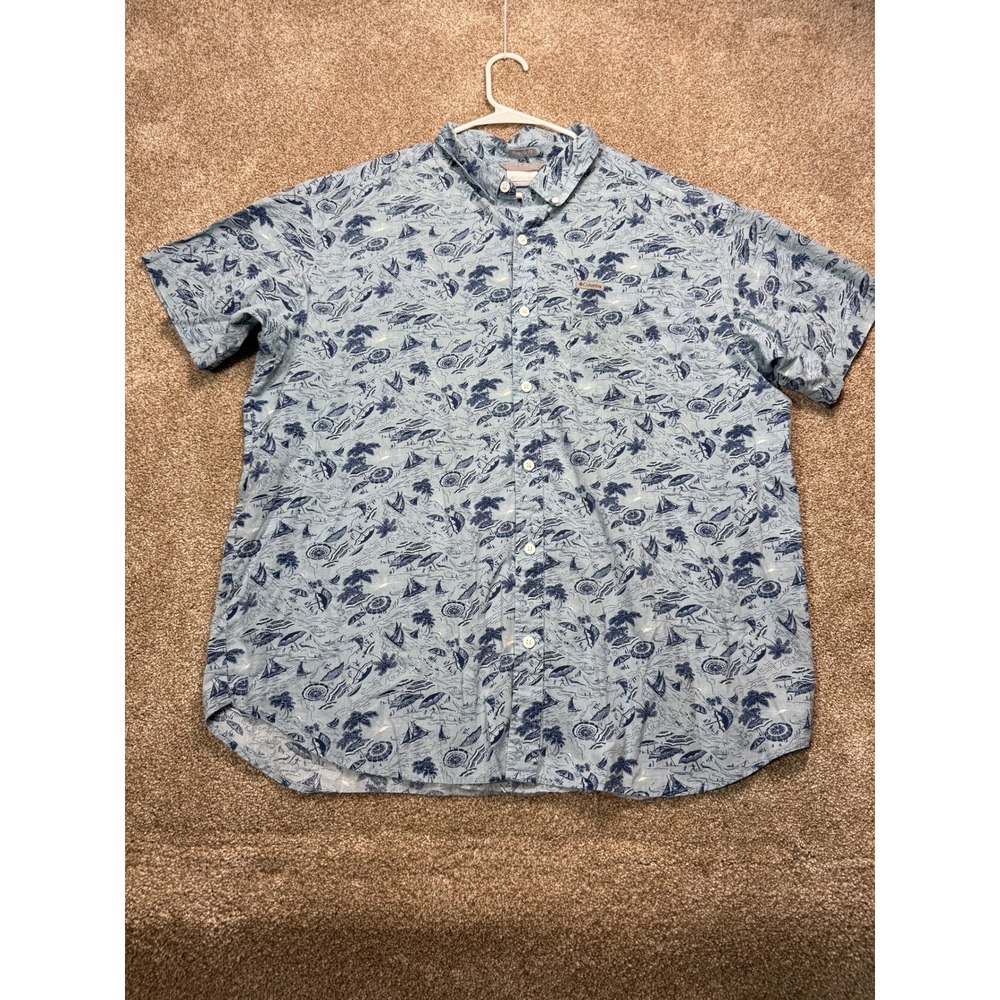 Columbia Mens XL Regular Fit Short Sleeve Button Down Nautical Shirt Blue Beach
